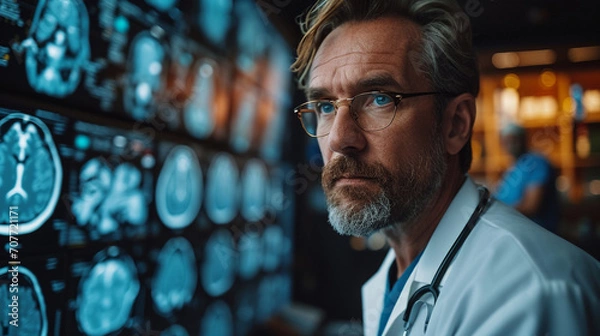 Fototapeta A cinematic shot of a handsome doctor in a modern clinic, examining medical imagery on a digital screen with a focused expression, symbolizing the precision and expertise in his di