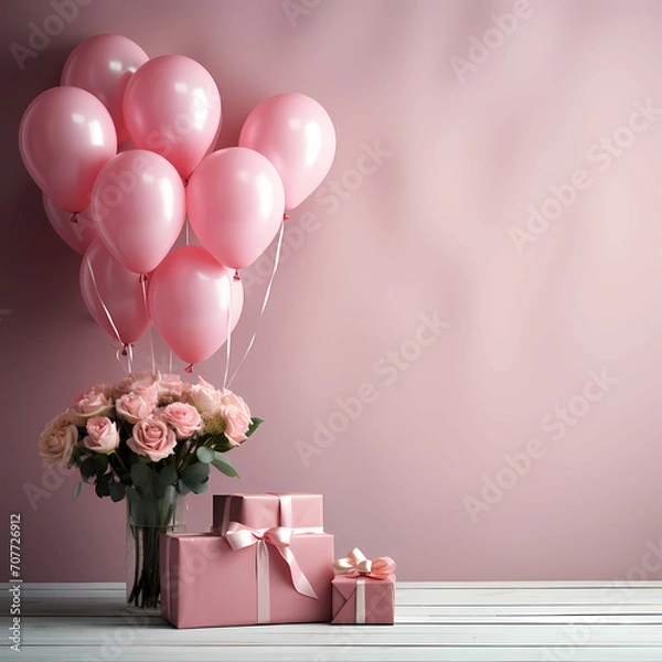 Fototapeta Happy Birthday Background, A Bouquet Of Pink Roses And Balloons