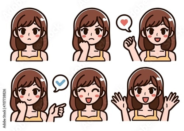 Fototapeta 若い女性の表情セットイラスト