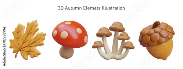 Fototapeta Cute autumn realistic elements on white background. Isolated maple leaf, toadstool, honey agaric, acorn. Natural textured decorative objects. Eco vector concept