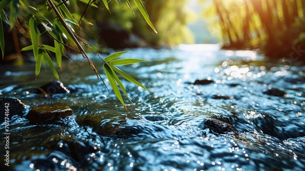 Fototapeta The relaxing water flowing through the lush green forest