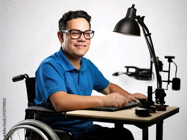 Fototapeta Portrait of a disabled person on a white background.  Disability and employment: A positive image of people with disabilities working in the office
