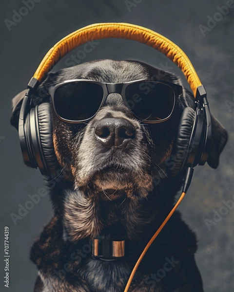Fototapeta Funny black dog with sunglasses listening the music on the earphones on the dark background,
