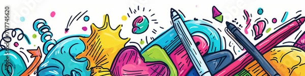 Obraz Vibrant to-do-list concept featuring a colorful explosion of doodle-style elements on a planner. Organized chaos brings creativity and excitement to the task at hand