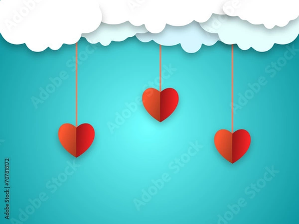 Fototapeta Valentine's Day card with hearts on the clouds