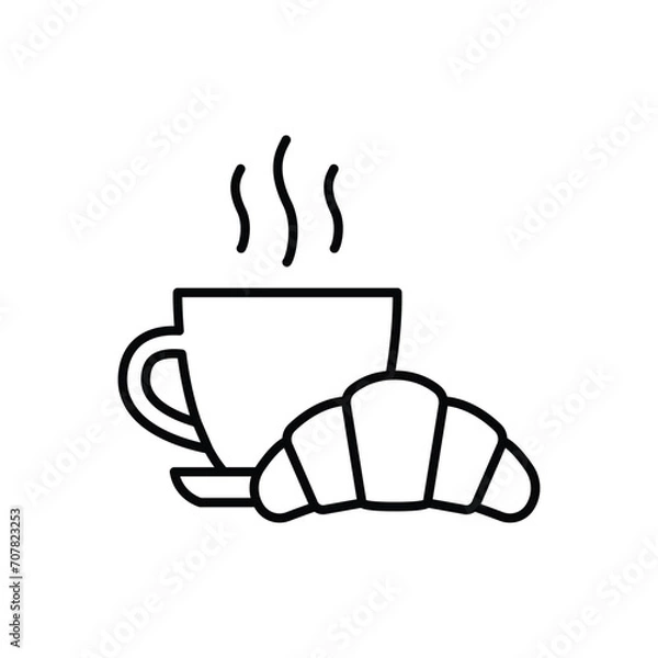 Fototapeta Coffee and croissant icon. Simple outline style. Bread, pastry, crescent, food and drink concept. Thin line symbol. Vector illustration isolated.