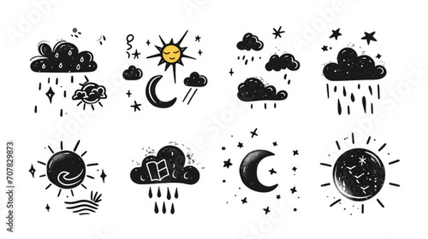 Fototapeta white-black Set of 10 hand-drawn pop-style icon illustrations with weather motifs on transparent background