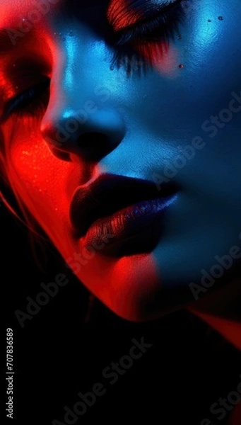 Fototapeta Close up photo of a woman's face, focusing on the lips with blue and red lighting