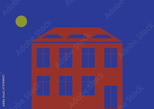 Obraz Simple vector illustration of a red house with windows and doors on a dark blue background and a moon in the sky.