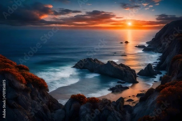 Fototapeta A coastal view with a gradient sky transitioning from orange to deep blue at twilight.