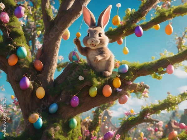 Obraz This captivating image features a solitary bunny perched high in an Easter egg-laden tree, basking in the glory of a clear blue sky