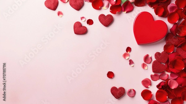 Fototapeta Valentine's day background with red hearts and rose petals.
