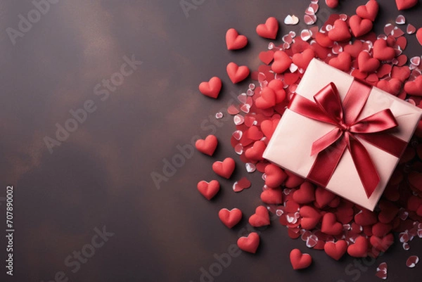 Fototapeta Valentine's day background with red hearts and gift box on brown background.