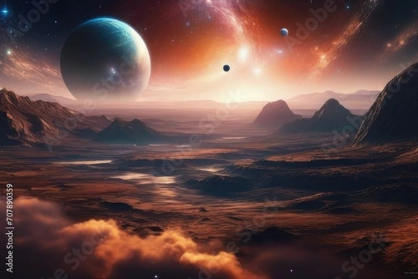 Fototapeta Space futuristic landscape with planets and space objects. The universe, galaxies and stars