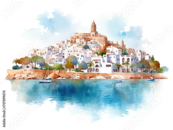 Fototapeta Travel postcard of Ibiza in the Balearic Islands (Spain) in watercolor style 