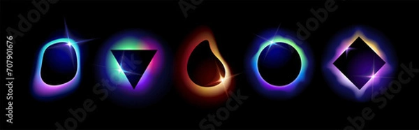 Obraz A set of shapes with blurred neon gradients, glowing geometric shapes with a holographic light blur effect on a black background. Trendy bright futuristic colorful with smooth gradient
