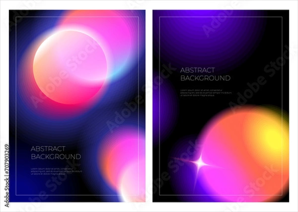 Obraz A set of black posters with blurred neon gradients, glowing geometric shapes with a holographic light blur effect. A trendy bright futuristic colorful set of vector elements with a smooth gradient