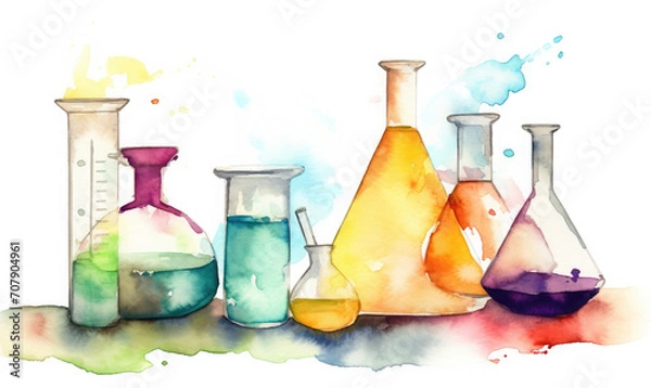 Fototapeta Set of chemical lab equipment and glassware in colorful watercolor style