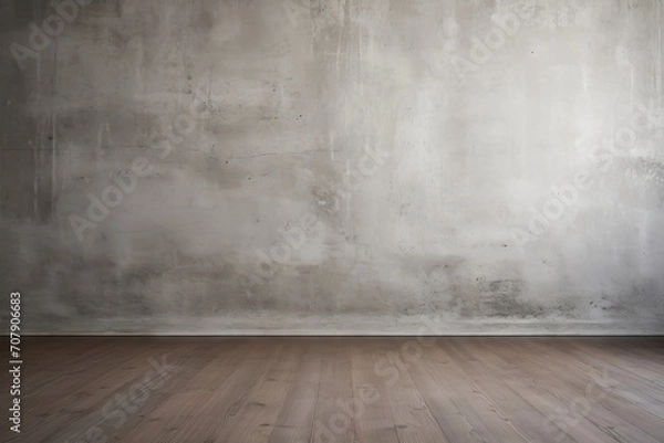 Fototapeta Gray concrete empty wall for your text or product product presentation with copy space, room mockup, brown parquet floor