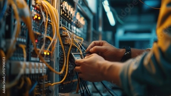 Fototapeta An electrical engineer checks electrical installations and wiring on protective relays. Created with Generative Ai technology.