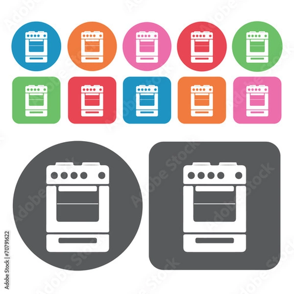 Obraz Oven icon. Kitchen icon set. Round and rectangle colourful 12 bu