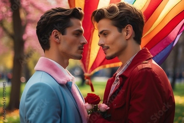 Fototapeta Celebrating Love's Colors: Romantic LGBT Couple in a Festive Valentine's Park