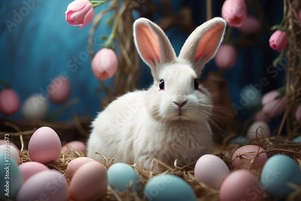 Fototapeta Royal Easter Delight: Adorable Bunny Surrounded by Easter Egg Treasures