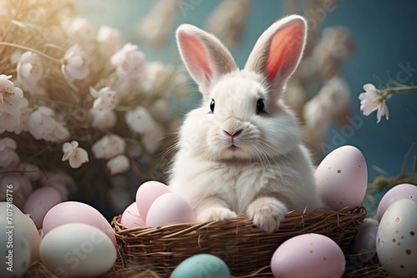 Fototapeta Royal Easter Delight: Adorable Bunny Surrounded by Easter Egg Treasures