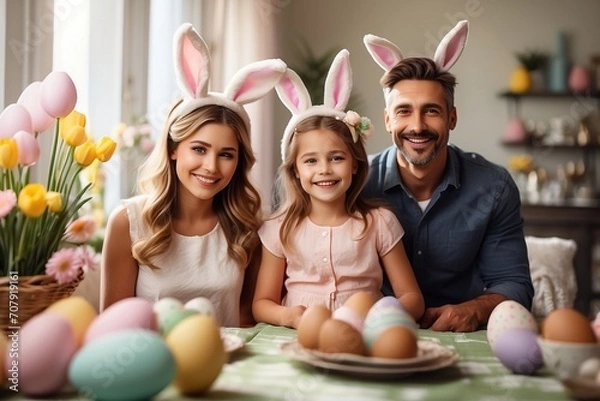 Fototapeta Easter Joy in Full Bloom: A Realistic Portrait of a Radiant Family Celebration