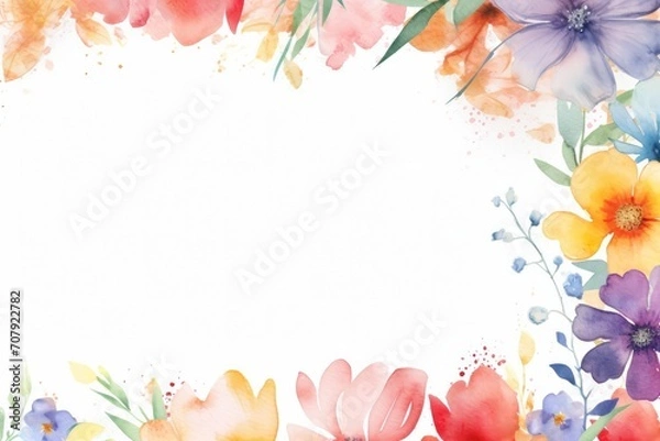 Obraz Spring may flower banner with watercolor painted frame of decorative ornament blossom patterns over white background symbolized beauty femininity mockup, may, colorful mother's day copy space for text