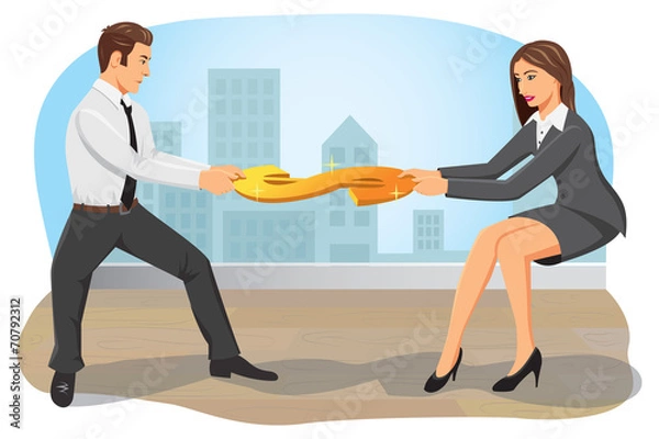 Fototapeta Businessman and businesswoman compete and pull a dollar sign