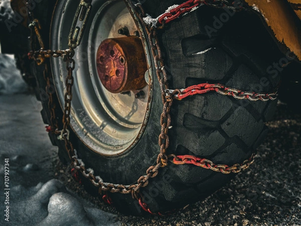 Fototapeta snow chains on the wheel of the snow thrower, big machine, snow