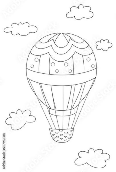 Fototapeta Outline hot air balloon in the sky with clouds