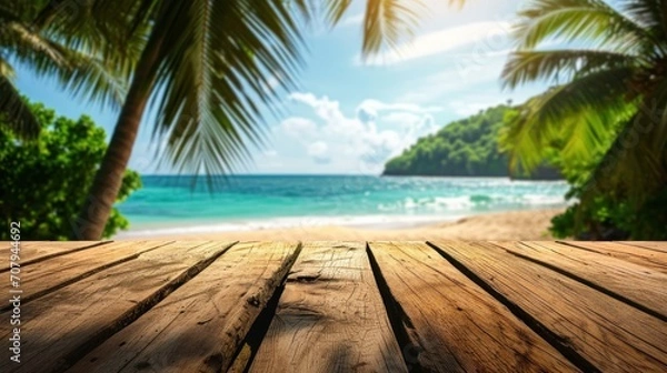 Fototapeta An ideal product showcase featuring a wooden tabletop against a blurred tropical beach backdrop