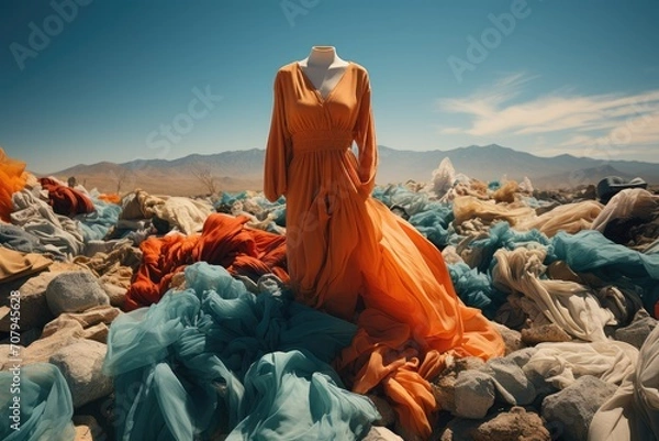 Fototapeta Kaba ubrań wrzuconych na składowisko. Koncepcja szybkiej mody odpadów składowisk, zrównoważona moda alternatyw, wpływ ekonomiczny szybkiej mody, nawyki konsumenckie odzież jednorazowe