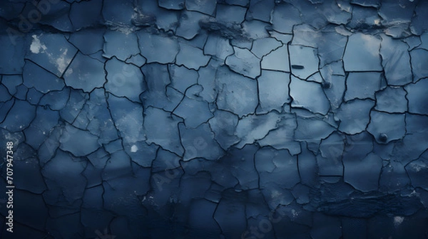 Fototapeta Dark navy blue texture background for design. Toned rough concrete surface. A painted old building wall with cracks. Close-up. Distressed, broken, crushed, collapsed, destruction