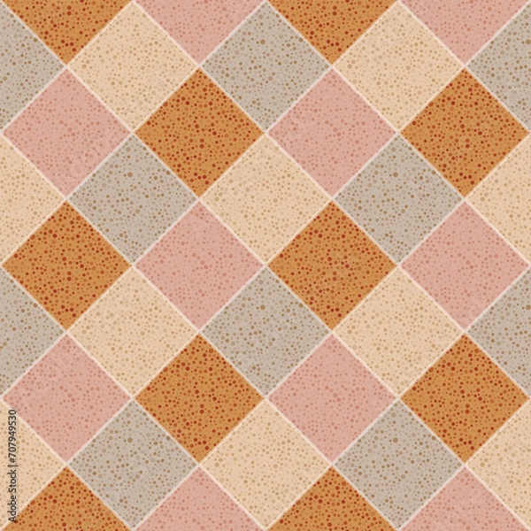 Obraz Checkered seamless pattern. Abstract geometric decign. Stone textured dotted mosaic of yellow, brown, pink, gray squares