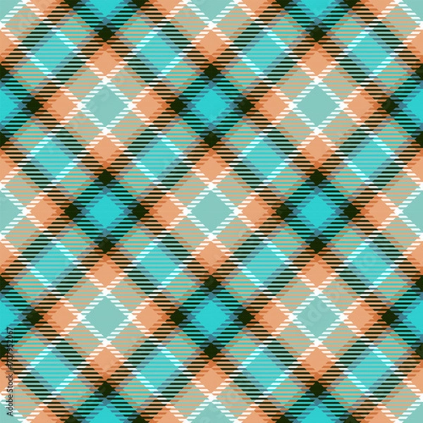 Fototapeta Turquoise, orange and white tartan plaid seamless pattern. Classic traditional textile design. Abstract geometric slanted checkered background. Pastel colors
