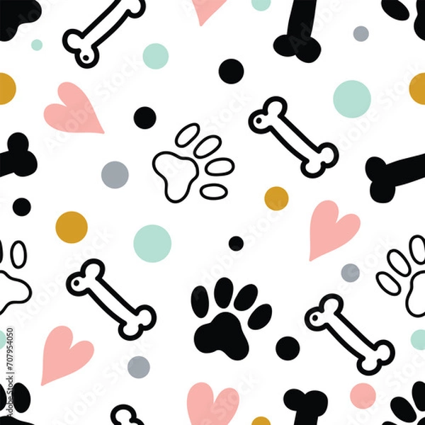 Obraz Funny children's seamless pattern. Dog paw and bone Can be used in textile industry, paper, background, scrapbooking.Vector.