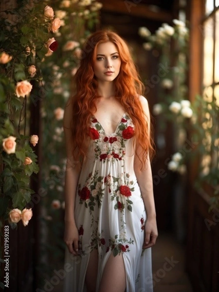 Fototapeta Young red-haired woman in a room decorated with flowers