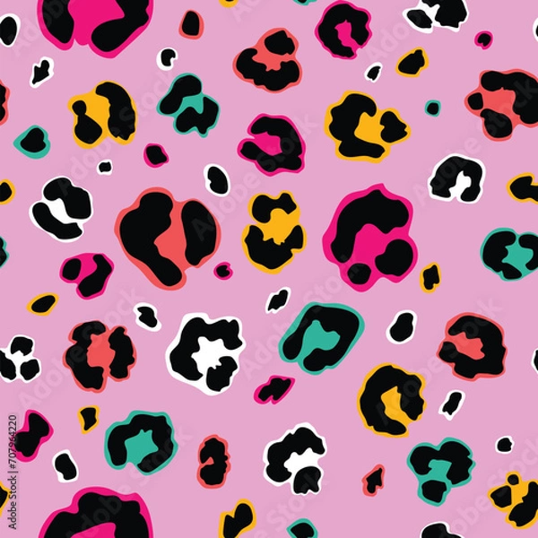Fototapeta Animal skin print bright neon colours. Seamless vector pattern. Hand drawn illustration, abstract pattern. Leopard cheetah print. Bright bold colours. Pink background. Girls teens fashion swimwear.