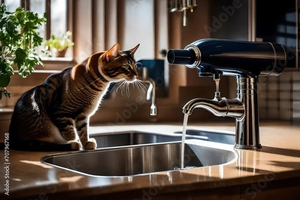 Fototapeta  a cat elegantly drinking from a kitchen sink. Impeccable lighting highlights the feline's graceful movement and the surrounding kitchen details, creating a super realistic portrayal that exudes