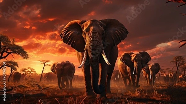 Obraz elephants at sunset