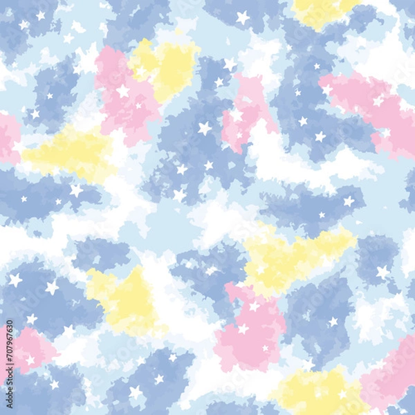 Fototapeta tie dye seamless pattern with stars. watercolour batik repeat vector print. abstract bohemian sixties artwork. textured brush strokes hand drawn inky artwork. pastel colours. Girls teens fashion