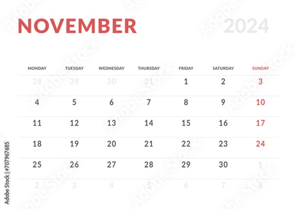 Obraz Monthly page Calendar Planner Templates of November 2024. Vector layout of simple calendar with week start Monday for print. Page for size A4 or 21x29.7 cm