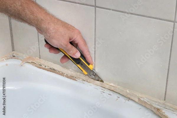 Fototapeta Closeup of plumber hand removing old dirty silicone from bathtube in a washroom, cutting of silicone glue using cutter, bathroom renovation