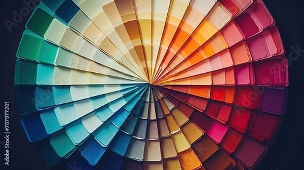 Fototapeta Color palette, swatches of different colors with brush and roller, paint sample catalog guide