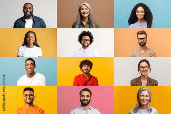 Fototapeta A vibrant array of individual portraits against colorful backgrounds, each person sporting a friendly, inviting smile, ideal for campaigns that value diversity and aim to connect with a wide audience