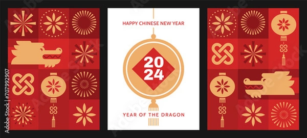 Fototapeta Chinese New Year 2024, Year of the Dragon. Lunar New Year cards set. 