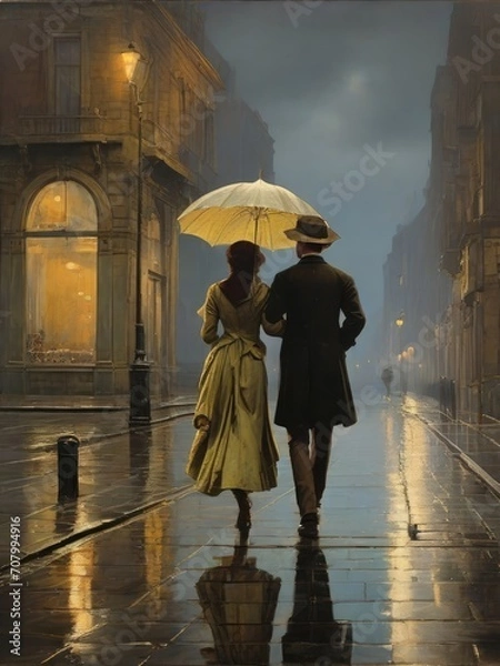 Fototapeta Umbrella Moments: Capturing the Charm of a Rainy Walk with a Retro Flair